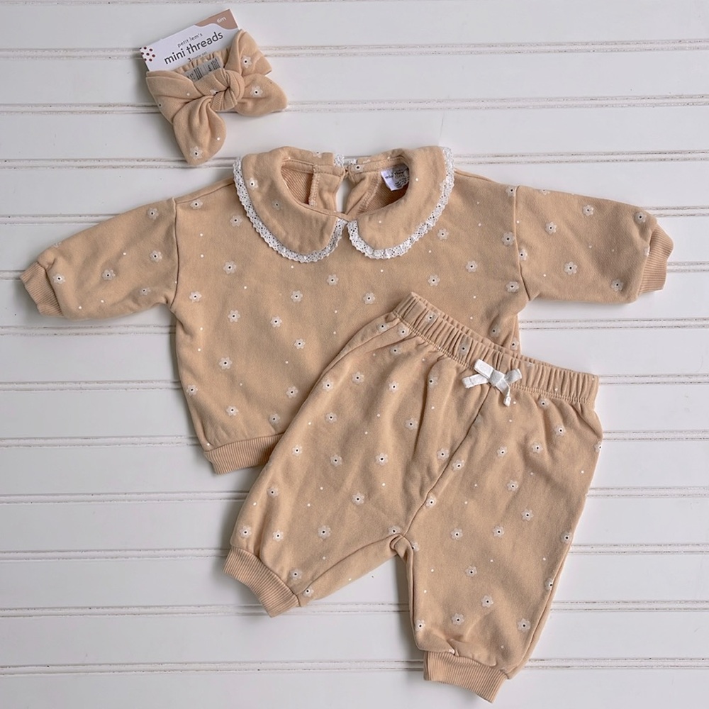 MINI THREADS EUC 100% Cotton Floral Peter Pan Collar Lace Matching Set
